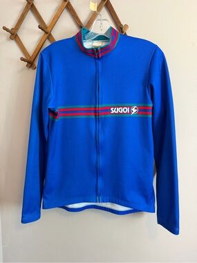 Vintage Sugoi Cycling Jersey Long Sleeve Royal Blue Red Stripe Full Zip S